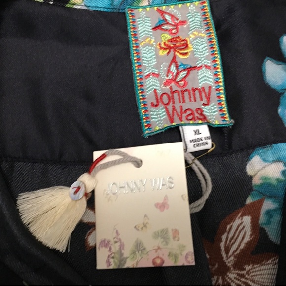 Johnny‎ Was XL Becca V-Neck Navy Floral Embroidered Trim Silk C1681980 Wrinkled - Picture 6 of 11